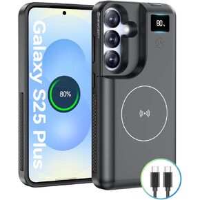 NEWDERY for Samsung Galaxy S25 Plus Battery Case 6.7", 10000mAh Portable Power Bank with LED Display, Qi Wireless Charger & 20W USB C Fast Charging, Sync-Data Supported Black