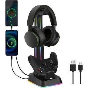 Controller Charger with RGB Headphone Stand for Xbox Series X/S, Controller Charger Station with 2 USB Charging Port, Charging Station Dock for Xbox Headset and Controller Stand Holder -Black