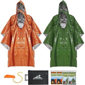 Emergency Poncho [4PC][Retains 90% Body Heat] Rain Poncho Survival Poncho, Hands-Free with Hood, Waterproof Thermal Mylar Emergency Blanket Raincoat for Outdoors Camping Hiking Car