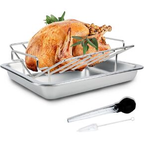 Turkey Roasting Rack with Pan for Big Green Egg, Stainless Steel Rib V Racks for Smoking, Turkey Roaster Racks for Roasting Pan, for Big Green Egg, Kamado Joe, Char-Griller Akorn, etc