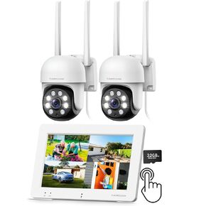 Camcamp All-in-One Security Camera System with 7" Touchscreen Monitor, 2pcs 2K Wired Security Cameras, No WiFi Required, 32GB SD, Color Night Vision 24/7 Record, 2-Way Audio Motion Detection Free APP