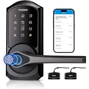TEEHO Smart Keypad Door Lock with Handle - 6-in-1 Fingerprint Door Lock - Bluetooth APP Control - Easy Installation - IP54 Waterproof - Matte Black