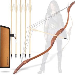 Youth Bow and Arrow Set, Archery Set for Kids Games Toys, 40 Inch Handmade Traditional Wooden Bow and Arrow Cosplay Costume Prop, 1 Bows 1 Quivers 5 Feather Arrows, Gifts for Kids Youth Boys Girls