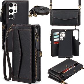 for Samsung Galaxy S25 Ultra Wallet Case for Women Men, Wireless Charging with RFID Blocking Card Holder, PU Leather Crossbody Strap Detachable Magnetic Phone Shell Purse, Black