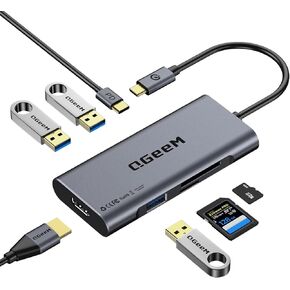 USB C Hub, QGeeM USB C 4k HDMI Adapter,7 in 1 USB C Dongle with 100W PD,USB 3.0, Card Reader, Compatible for MacBook iPhone 15/16 Ipad Pro max,Chromebook Laptop USB C Dock-Classic Grey