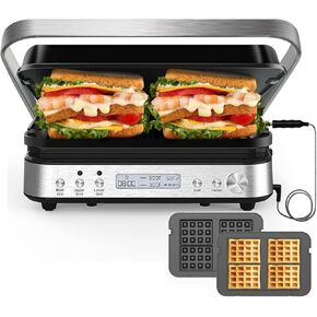 Panini Press Grill Sandwich Maker with Removable Plates, Cattleman Cuisine 6 in 1 Indoor Grill with Meat Thermometer, Electric Contact Grills for Kitchen, Stainless Steel, 1600W