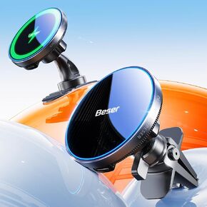 Beser 15W for MagSafe Car Mount Charger, (4.16 lb) Strong Magnetic, Qi Wireless Car Charger, Vent/Dashboard, Phone Holder for iPhone 16/15/14/13/12 Series, Mini, Aluminium, A33, Black