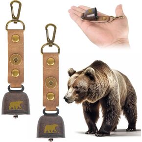 2 Pack Loud Bear Bells with Magnetic Silencer, Leather Button Strap, Carabiner for Bear Deterrent, Hikers Gear Brass Camping Bear Bell for Survival, Hiking, Biking, Fishing, Climbing