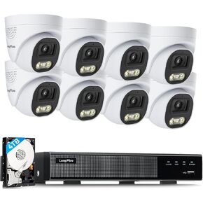 LongPlus Security Camera System, 4K-UHD 16CH NVR 8MP Wired Home Security System Outdoor Indoor, 8 PoE Dome Cameras, LED Spot Lights Color Night Vision, 132° FOV, 2-Way Audio, 24/7 Recording, 4TB HDD