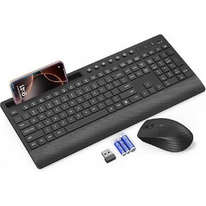 Trueque Wireless Keyboard و Mouse Combo - لوحة مفاتيح هادئة بالحجم الكامل مع راحة النخيل ، حامل الهاتف ، مفاتيح الوسائط المتعددة ، مفتاح الطاقة ، متوافق مع Windows ، OS Chrome ، الكمبيوتر الشخصي ، الكمبيوتر المحمول (البطاريات)