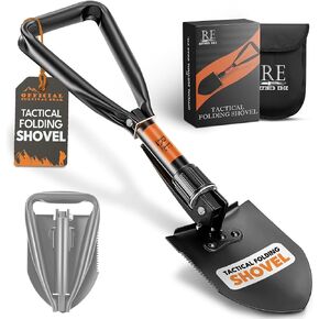 Folding Shovel, 18" Survival Shovel, Backpack Hiking Shovel, Military Grade Carbon Steel with Saw Edge, Collapsible with Carry Case