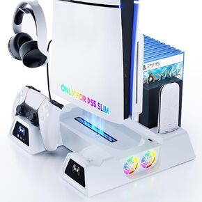 PS5 Slim Digital/Disc Stand and Cooling Station with Controller Charging Station for PlayStation 5, 3-Level Fan, 10 Game Slot, 1 Charging Ports, Headset Holder, for PS5 Slim Digital/Disc Only