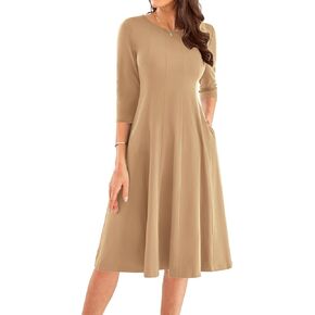 GRACE KARIN Womens 2024 Fall Trendy Crew Neck 3/4 Sleeve A Line Flowy Casual Midi Dress with Pockets