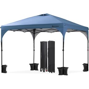 10x10 Pop Up Canopy Tent, One Push Outdoor Tent, Instant Portable Sun Shelter for Commercial Events, Parties, Camping with Roller Bag, 4 Sand Bags, 8 Stakes, Straight Legs(Blue)
