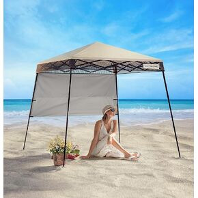 VIVOHOME 8x8ft Pop-Up Canopy Tent with Central Lock Design, Slant Legs, Backpack, and Side Wall, Portable Shelter for Camping, Party, Yard, and Beach Events, Beige