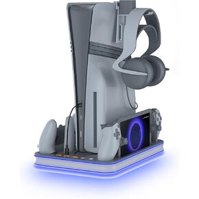 PS5 Stand and Cooling Station with RGB LED Controller Charger for PlayStation 5, PS5 Controller Charger for Dual Sense & Edge Controller and PS Portal, PS5 / PS5 Slim / PS5 Pro Accessories Grey