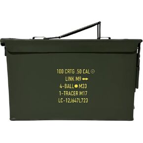 U.S. Military Issue 50 Cal Ammo Can (M2A1/M2A2), Solid Alloy Steel Storage Containers – Watertight & Airtight Army Ammo Box w/Hinged Lid, Locking Latch - Military Grade Ammo Cans Metal