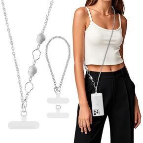 MoKo Phone Chain Crossbody, Metal Cell Phone Lanyard, Universal Phone Lanyard Strap for iPhone, Samsung, Most Smartphones, Phone Crossbody Strap × 1, Wrist Strap x 1, Lanyard Patches × 2, Silver
