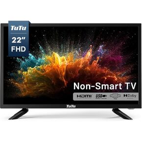 TuTu 22-inch LED TV, 1080P FHD Flat-Screen TV with Dolby Audio with HDMI, USB, VGA, RCA, Non-Smart TV or Monitor for Room, Kitchen, Office, or RV Camper