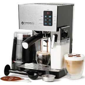 EspressoWorks 19-Bar Espresso, Latte and Cappuccino Maker 10-Piece Set - Brew Cappuccino and Latte with One Button - Espresso Machine with Milk Steamer 1250W - Coffee Gifts (Black)
