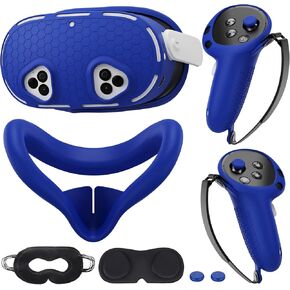 Silicone Cover Set Compatible with Meta/Oculus Quest 3s Accessories, VR Silicone Face Cover, VR Shell Cover,Touch Controller Grip Case,Camera Lens Protector Set (Blue)