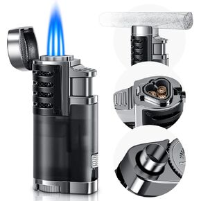 LcFun Butane Lighter Windproof Adjustable Triple Jet Flame Torch Lighters (Butane Not Included), Refillable Gas Lighter Pocket Lighter for Men (1 Pack Black)