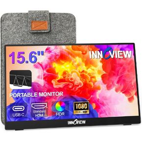 InnoView Portable Monitor 15.6" 1080P Portable Monitor for Laptop with Protective Sleeve Built-in 90° Adjustable Stand USB C HDMI Ultra-Slim Portable Laptop Monitor for MacBook Phone PS Xbox Switch