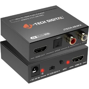 J-Tech Digital HDMI Audio Extractor 4K 60Hz HDMI to RCA Optical, HDMI ARC Audio Extractor Compatible with Dolby Digital DTS Stereo for Laptop Blu-Ray Gaming Consoles (JTECH-AE4KA)