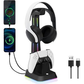 PS5 Controller Charger Station with RGB Headphone Stand, PS5 Controller Charging Station with 2 USB Port, Headset and Controller Stand Holder for PlayStation 5 Controller -Black