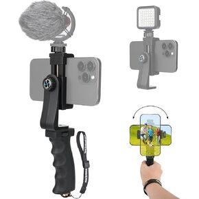 Ergonomic Anti-Falling Cell Phone Vlogging Hand Grip Stabilizer Smartphone Holder Rig Mount Video Kit w/Safety Strap Portable Selfie Stick for iPhone Samsung (Landscape+Portrait)-Mic/Light Adapter
