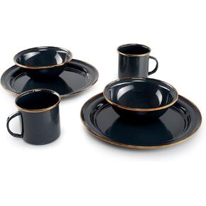 GSI Outdoors Mesa 2-person Enamelware Dining Set 6-pieces – Cream with Bronze-Finished Stainless Steel Rim, Dishwasher Safe
