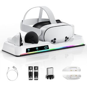 Charging Dock for Oculus Quest 3/3S, Magnetic VR Charger with 2 Rechargeable Batteries for Oculus Quest 3S/3 Accessories, VR Headset & Charger Controller Supports LED Indicator