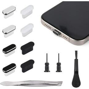 8pcs USB C Dust Plugs, Aluminum and Silicone USB C Port Covers with Cleaning Kits Anti Dust Charging Port Protector Cap Phone Dust Plugs for iPhone 15 16 Series and All Type C Devices