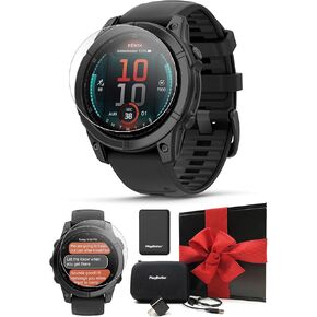 PlayBetter Garmin Fenix E (Slate Gray Steel/Black) Premium Multisport GPS Smartwatch Gift Box Bundle - AMOLED Display, Long Battery Life Portable Charger, HD Screen Protectors, Adapter, Case