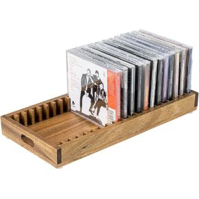 MyGift Premium Acacia Solid Wood CD DVD Jewel Case Holder Storage Tray with Cutout Carrying Handles - Holds 20 Standard 10.4 mm Single Cases