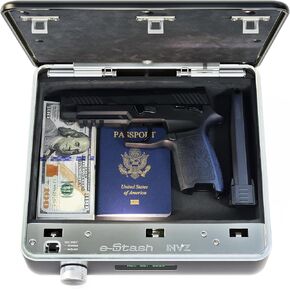 e-Stash® Secret Fingerprint Gun Safe, Bedside Gun Safe for Handgun USB Powered. Clock+LED Nightstand Gun Safe, Biometric Gun Safe for Handgun, Quick Access Gun Safe, Fingerprint Pistol Safe w/PIN+Key