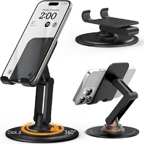 Cooper 360° Stand - Adjustable Cell Phone Stand for Desk | 360° Click-Rotating Mobile Stand, Multi-Angle, Metal Base, Foldable, Portable | Office Phone Stand Desk, Cell Phone Holder Desk (Piano Black)