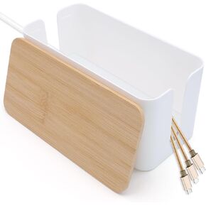 Cable Tidy Box White Cable Box with Bamboo Lid Cable Organiser Cable Management Box for Hiding Cables and Plugs