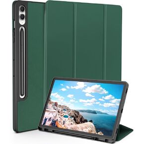 Slim Case for Samsung Galaxy Tab S9 + / S9 FE 12.4Inch with S Pen Holder, Shockproof Tri-Fold Stand Protective Tablet Cover Dual Angle Lightweight, Soft TPU Sleeve Auto Wake/Sleep(Dull Green)