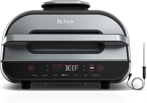 Ninja FG551/BG550 Foodi Smart XL 6-in-1 Indoor Grill مع 4-Quart Air Fryer Bake Bake Dhydrate Dhyderate ومقياس الحرارة في الإجازة ، مع سعة كبيرة جدًا ، ونهاية من الفولاذ المقاوم للصدأ (متجدد) ، in Kuwait