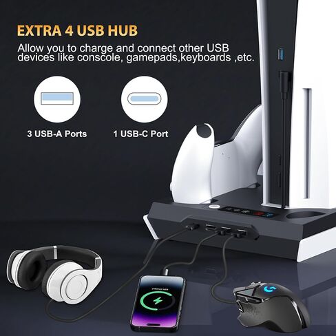 PS5 / PS5 Slim Cooling Station with Dual Controller Charging Station, PS5 Cooling Stand for PlayStation 5 Console, Headset Holder/ PS5 Cooling Fan/4 USB Hub All in One Accessories Organizer, Black in Saudi Arabia