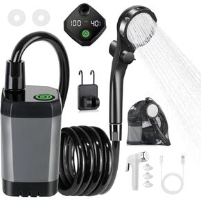 Upgrade Portable Camping Shower, 6000mAh Rechargeable Electric Shower Pump with Intelligent Digital, Waterproof Shower Pump with Handbag, Filtered Shower Head for Camp, Hiking, Car Washing, Pet Bath