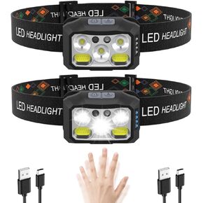Headlamp Flashlight，1200 Lumen Ultra-Light Bright 5LED Rechargeable Headlight，with White Red Light，2-Pack Waterproof Motion Sensor Head Lamp，10 Mode for Outdoor Camping Running Hiking Fishing