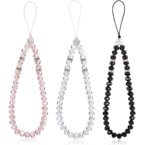 3PCS Beaded Phone Wristlet, Crystal Phone Wrist Strap, Beaded Hand Wrist Lanyard Strap for Women, Beaded Phone Wrist Strap,Lanyard Wrist for Purse Accessories (Pink, White, Black)