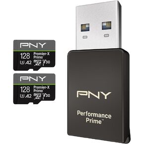 PNY 128GB Premier-X Prime™ Kit Class 10 U3 V30 A2 microSDXC Flash Memory Card 2-Pack & Card Reader - Ultra-Fast Speeds, Read Up to 180MB/s, 4K UHD, UHS-I, for Smartphones, Drones, Action Cameras