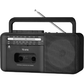 Rechargeable Cassette Tape Player Boombox with Bluetooth, Portable AM FM SW Radio Cassette Recorder, 8W Speaker and Earphone Jack,Support USB/TF Card, D Batteries or AC Power -Black