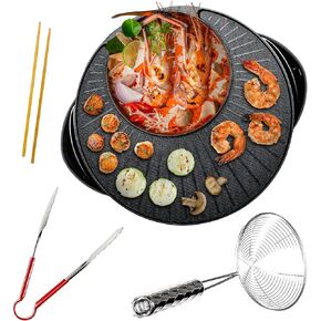 OVENTE Electric Hot Pot and Grill Combo, 2-in-1 Portable Countertop Cooker with Temperature Control Perfect for Korean BBQ, Shabu Shabu and Soup with Free Strainer, Chopsticks and Tong, Black GH10133B