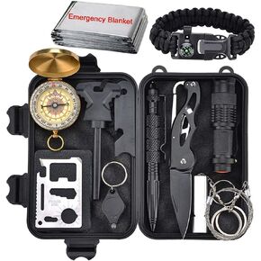 XUANLAN Emergency Survival Kit 13 in 1, Outdoor Survival Gear Tool with Survival Bracelet, Fire Starter, Whistle, Wood Cutter, Water Bottle Clip, Pen (Survival Kit 2)