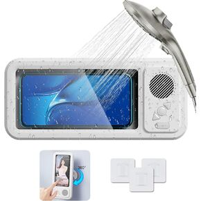 Bluetooth Shower Phone Holder Waterproof, Shower Speaker, 360° Rotation, Retractable Adjustable Shower Phone Case Holder for Bathroom Wall, Kitchen, Gift for Friends 4"-6.8" Cell Phone-White