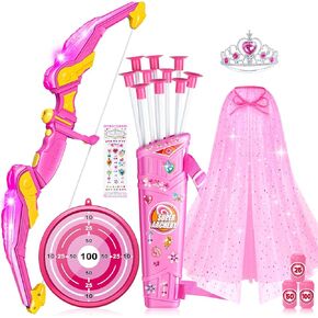 Kids Bow and Arrow Set Toys for Girls, LED Light Up Archery Bow Set with Princess Cape and Crown, 10 Suction Cup Arrows, Indoor and Outdoor Play Birthday Gift Toy for Kids Boys Girls